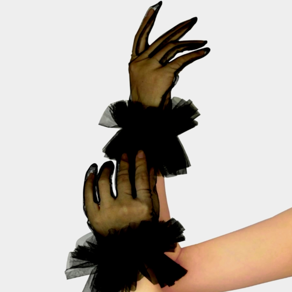 Beloved Millinery Elegant Sheer Black Ruffled Tulle Gloves NWT